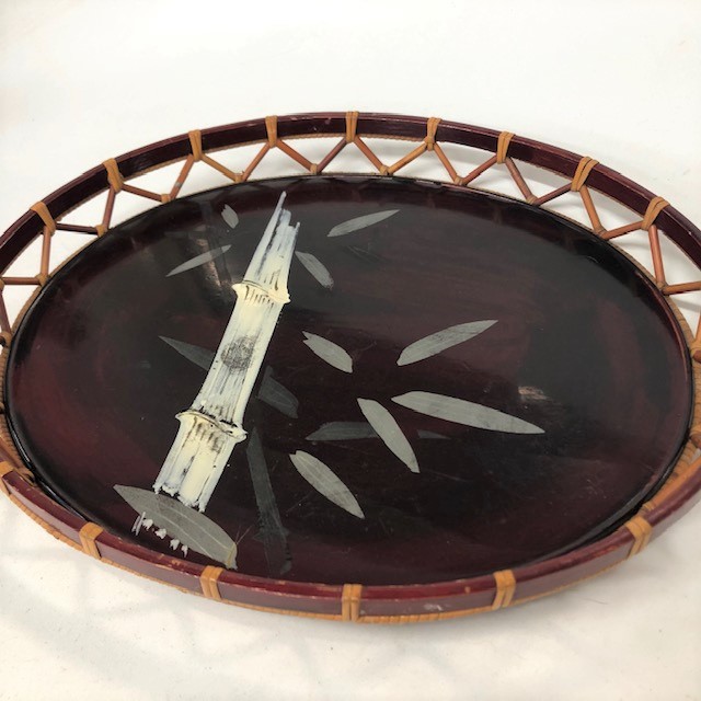 TRAY , Round w Painted Bamboo Design
